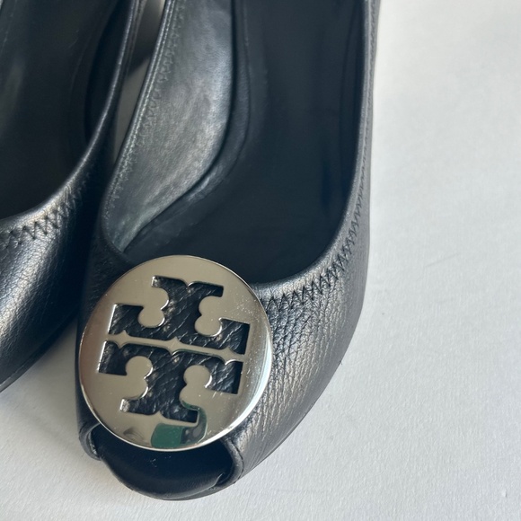 Tory Burch Black Pebble Genuine Leather Open Toe Heel Wedges size 7.5 - Picture 6 of 16